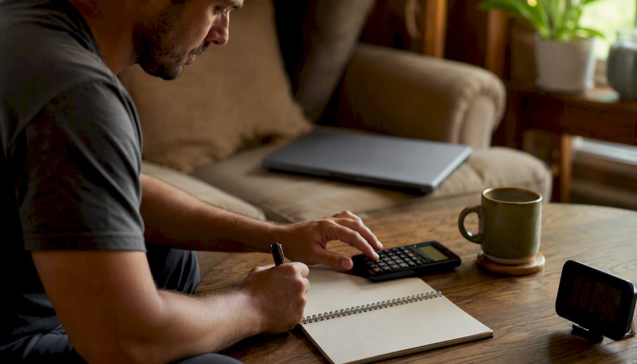 Hands calculating expected value with calculator