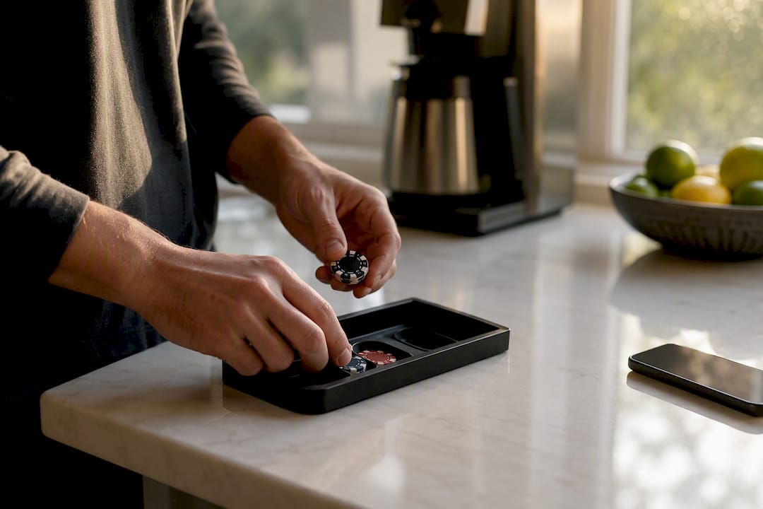 Hands placing betting chips to size stake