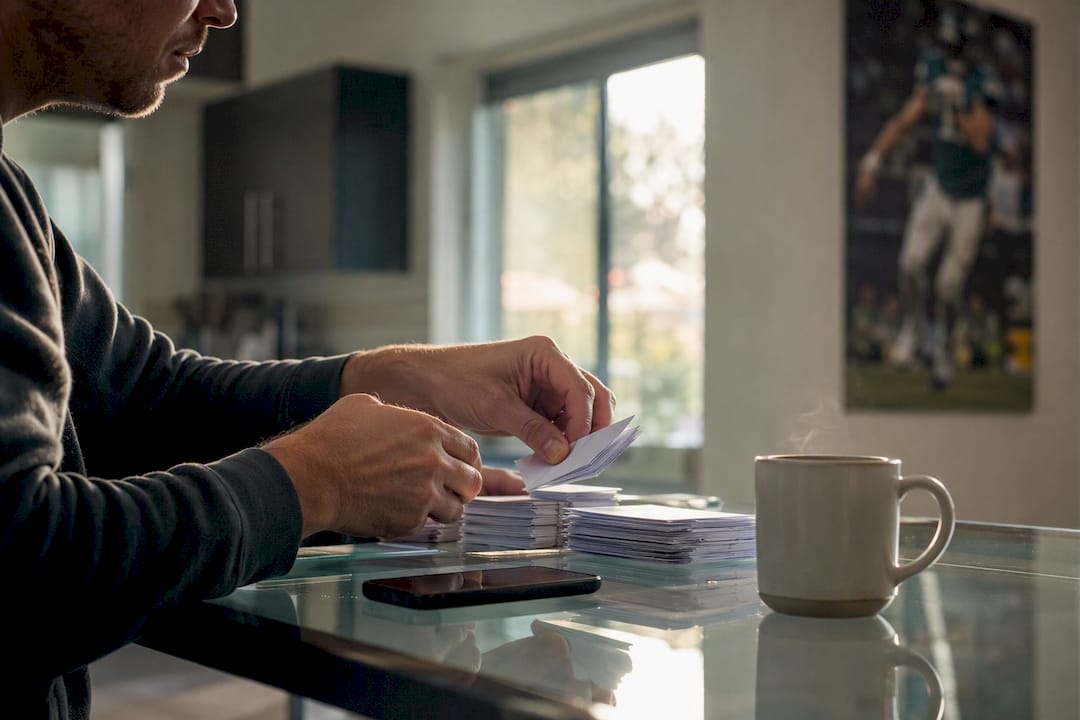Hands arranging betting slips for a parlay