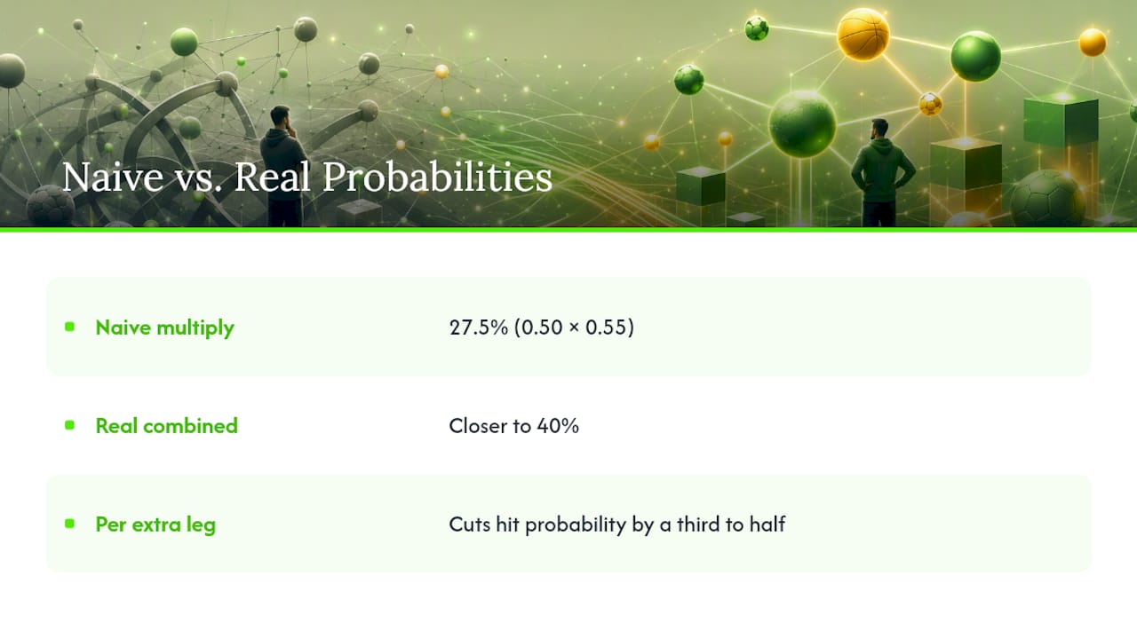 Diagram contrasting naive and real combined probabilities in parlays
