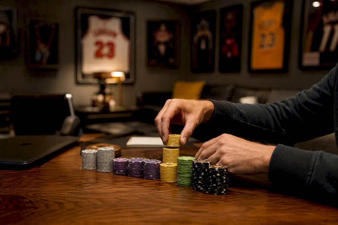 Hands adjusting stacks of colorful betting chips