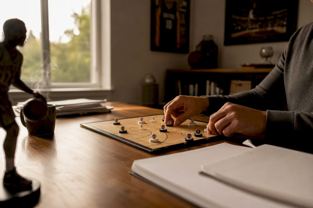 Hands adjusting basketball tokens in analytics setup