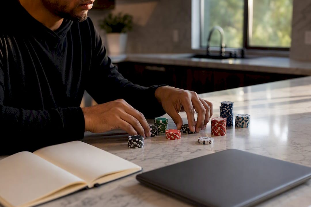 Hands stacking betting chips with calculator nearby