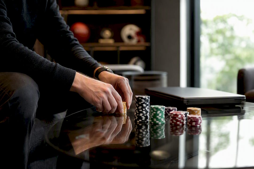 Hands adjusting betting tokens on wooden table