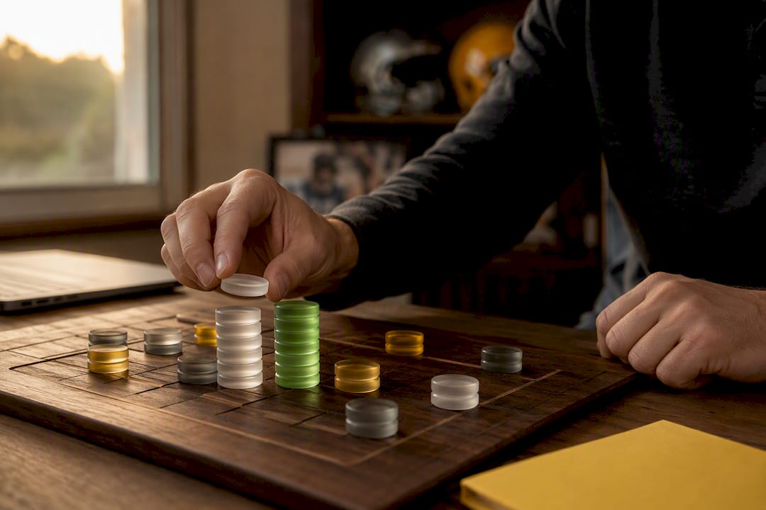 Hands placing tokens on fantasy football lineup board