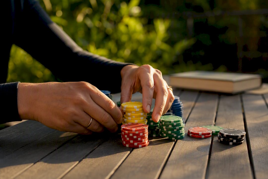 Hands stacking colorful draft chips on table