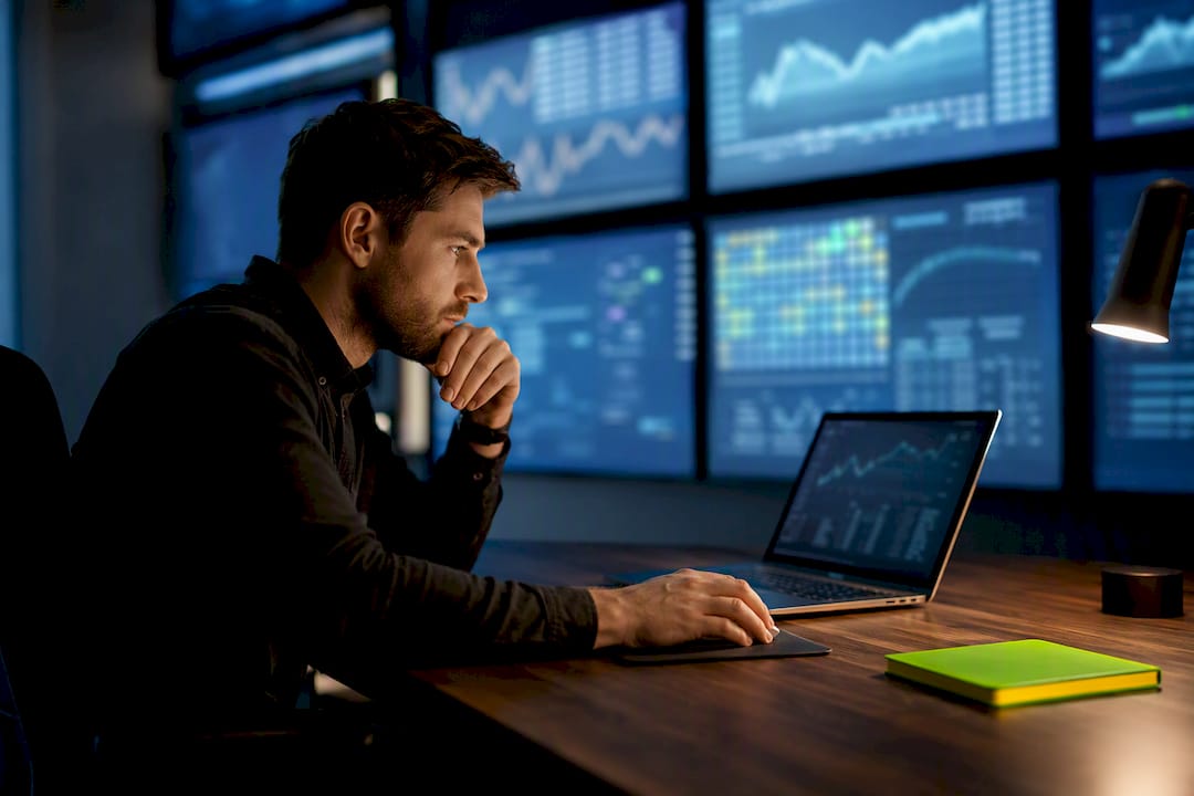 Sports analytics screens in a control room