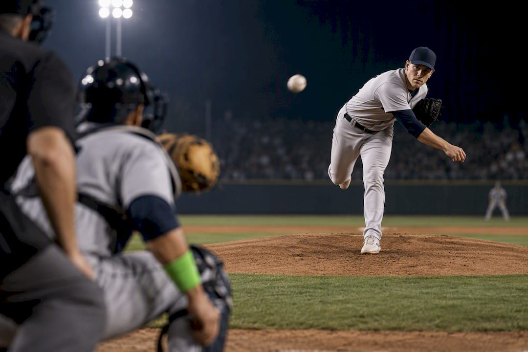 Starting pitcher delivering a pitch under stadium lights