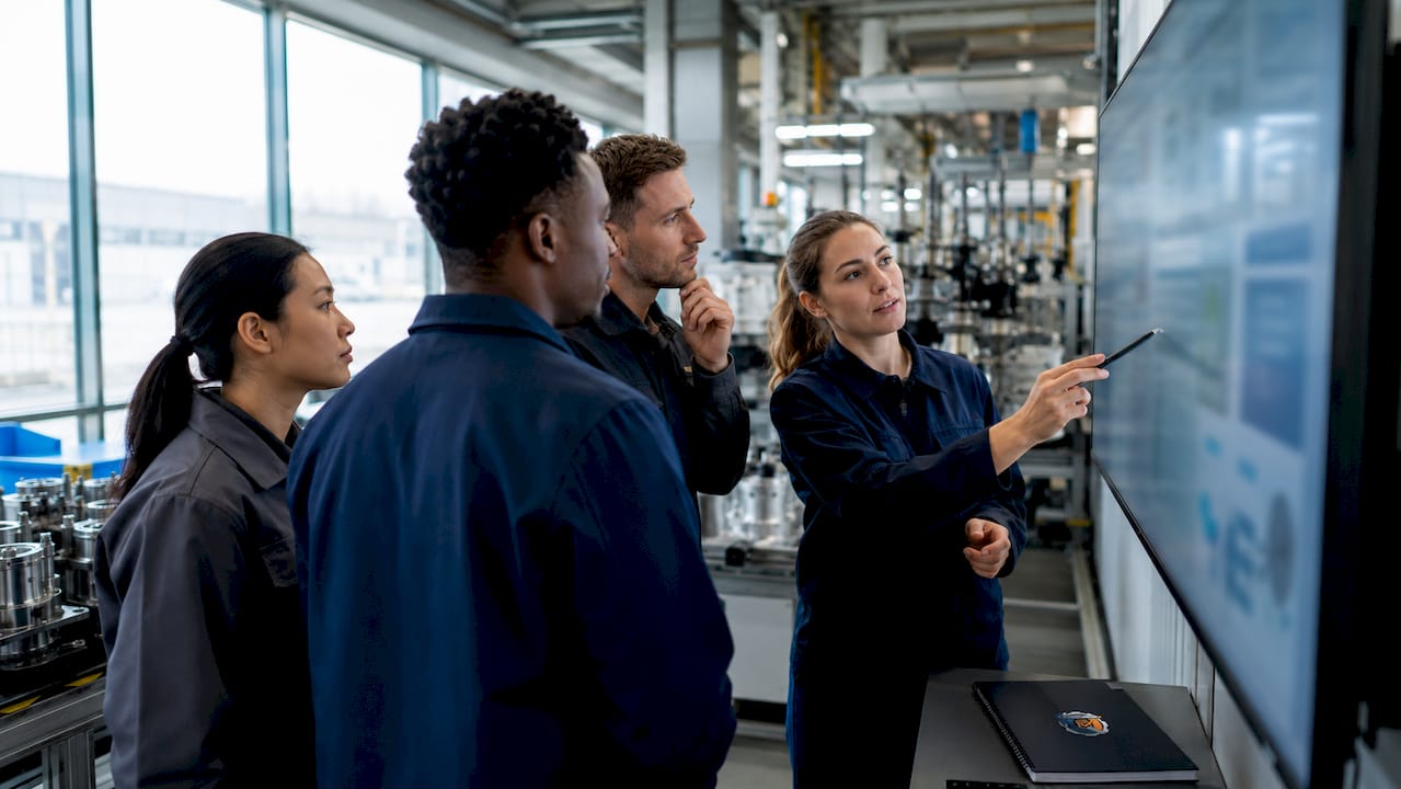 Factory team collaboratively reviewing production dashboard