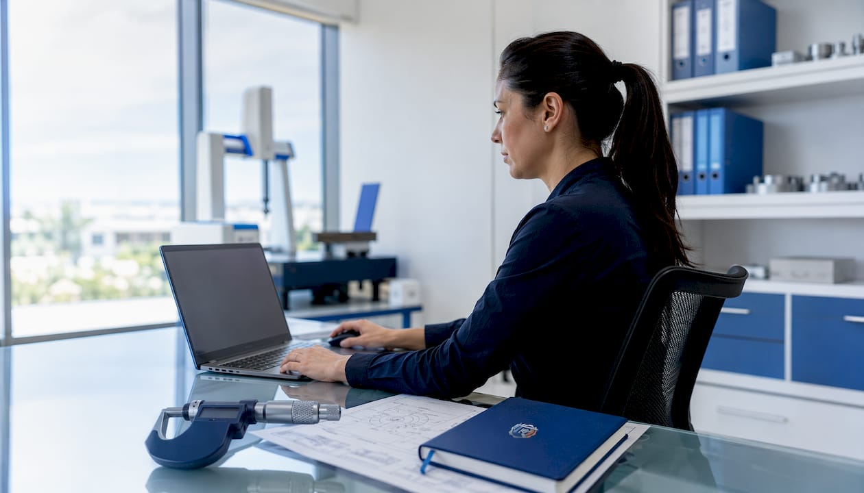 Female quality engineer using laptop for inspection