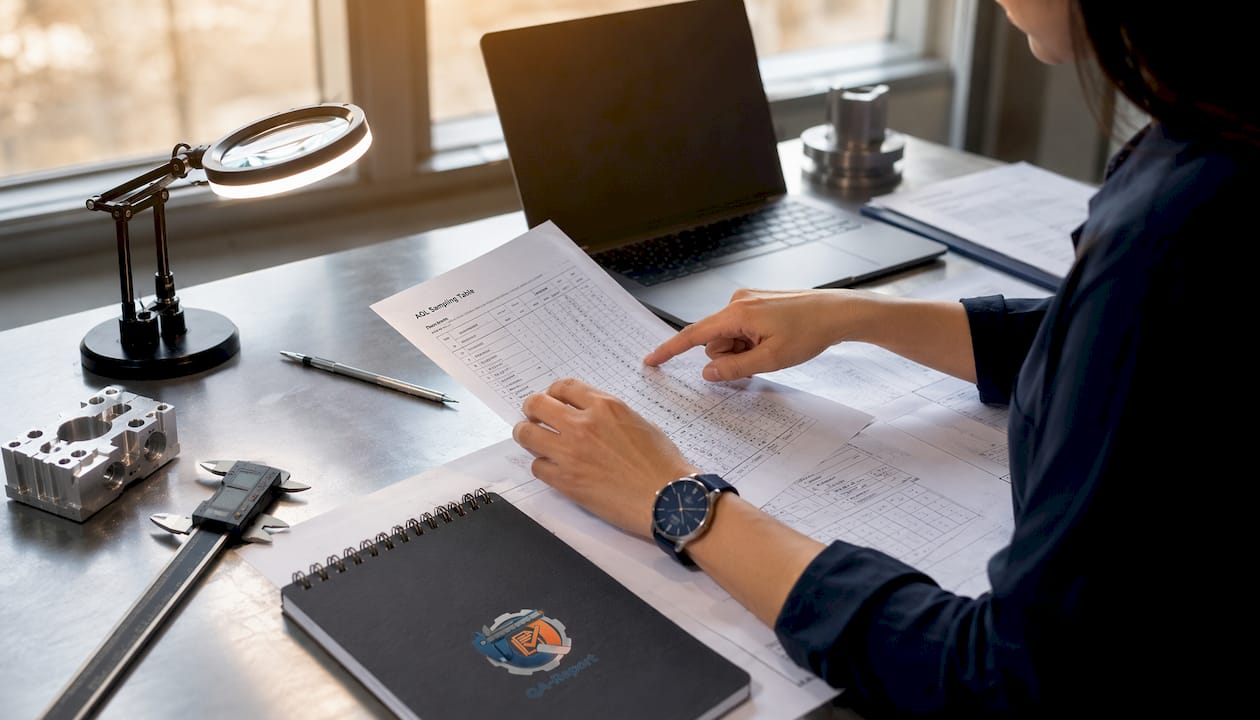 Hands pointing to AQL table on desk with caliper