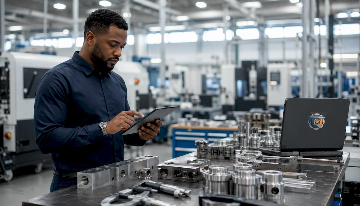 Hands using tablet on factory shop floor