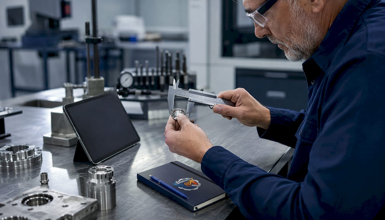 Operator measuring metal part with caliper overhead view