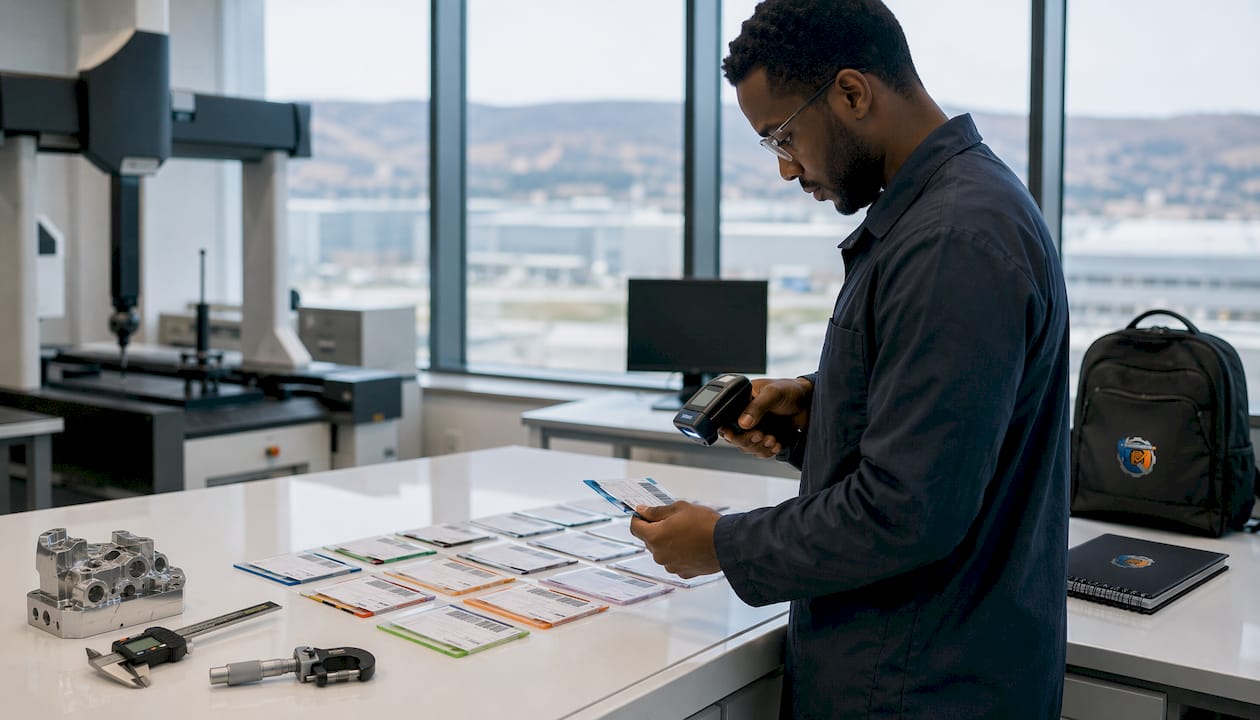 Engineer scanning RFID Kanban card at workstation