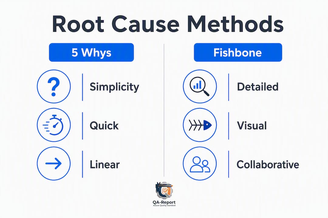 Infographic comparing 5 Whys and Fishbone methods