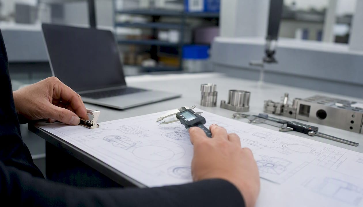 Hands managing ballooned drawing and measurement tool