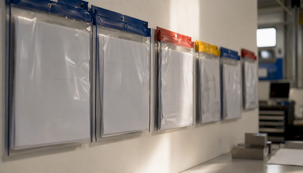 Color-coded document holders hanging on rack