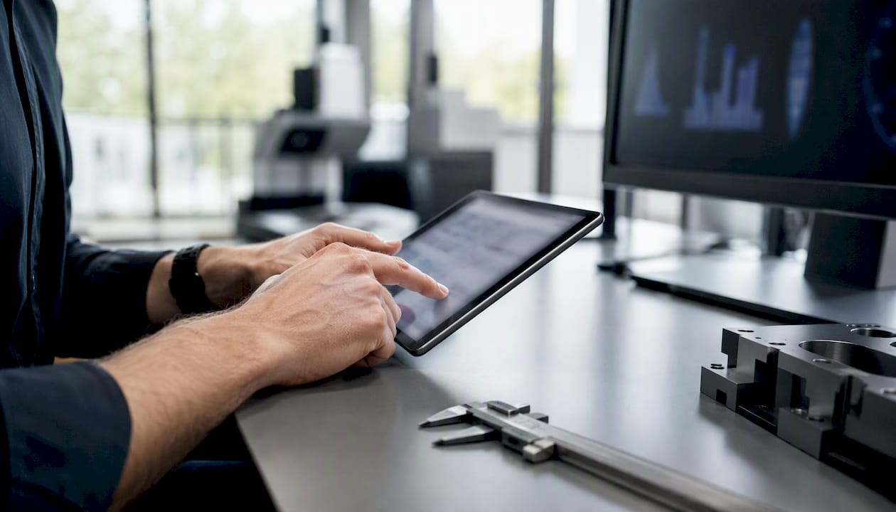 Hands typing near keyboard and caliper on desk