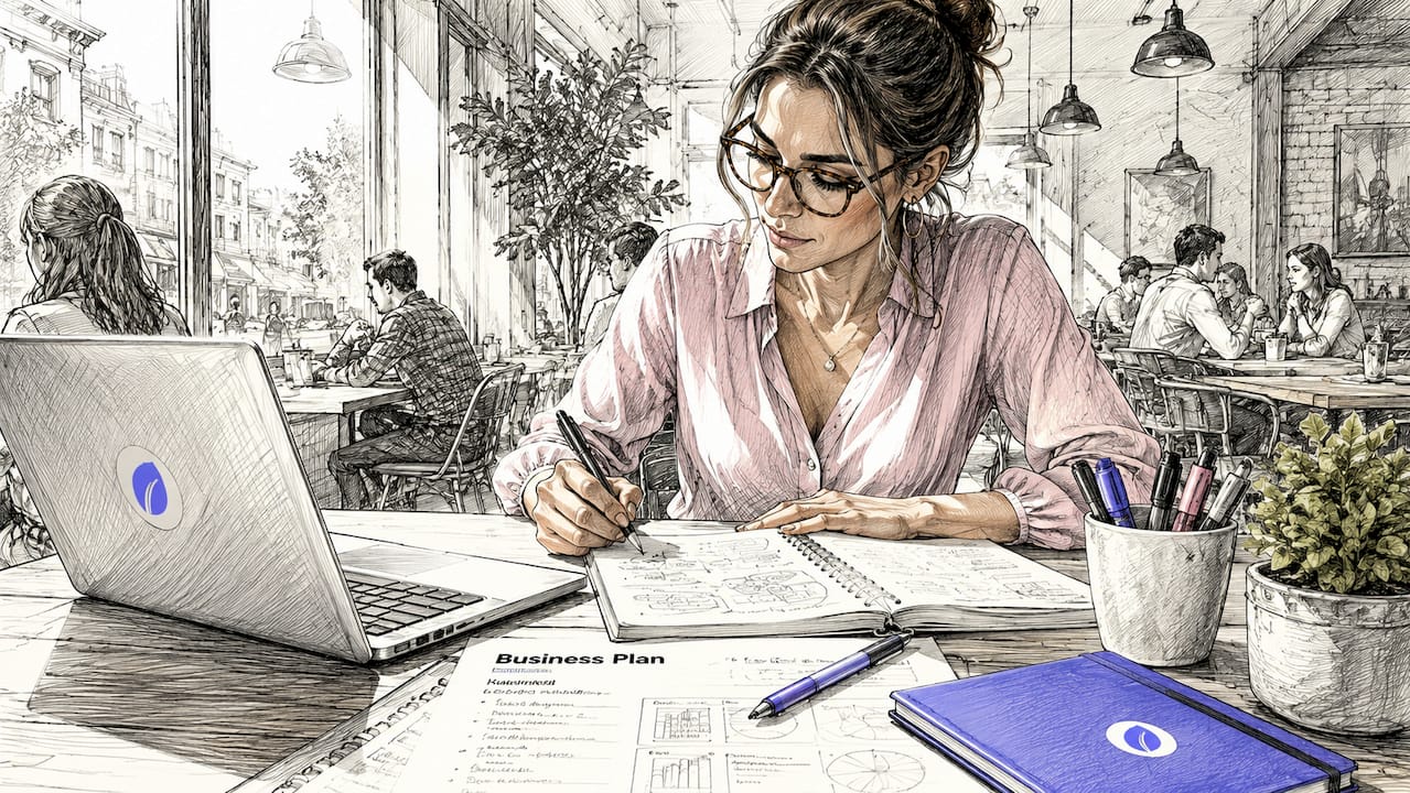 Founder working on business planning documents at desk