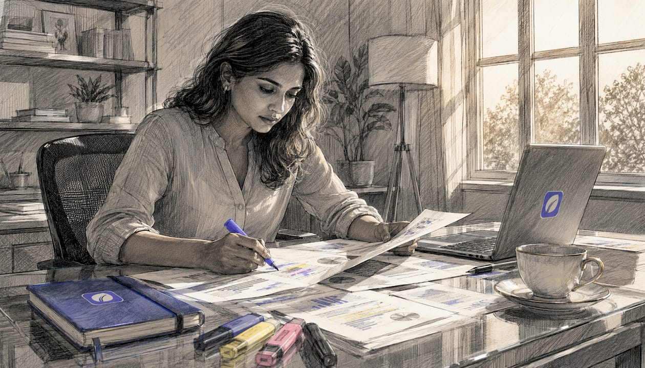 Businesswoman analyzing market reports at table