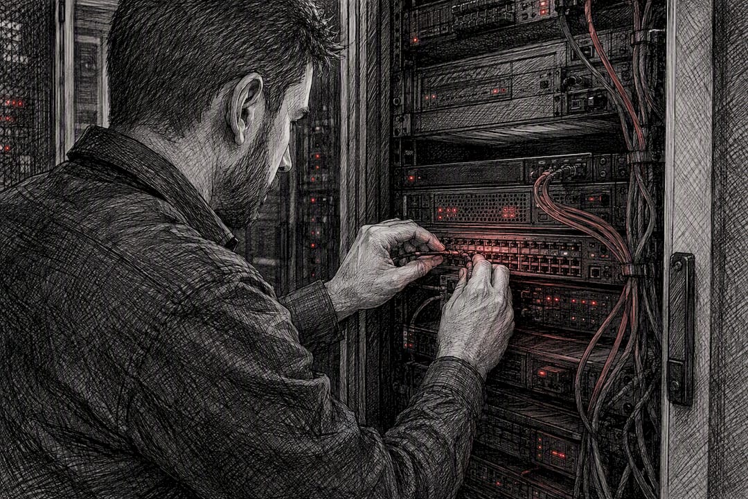 Engineer applying emergency patch on server hardware