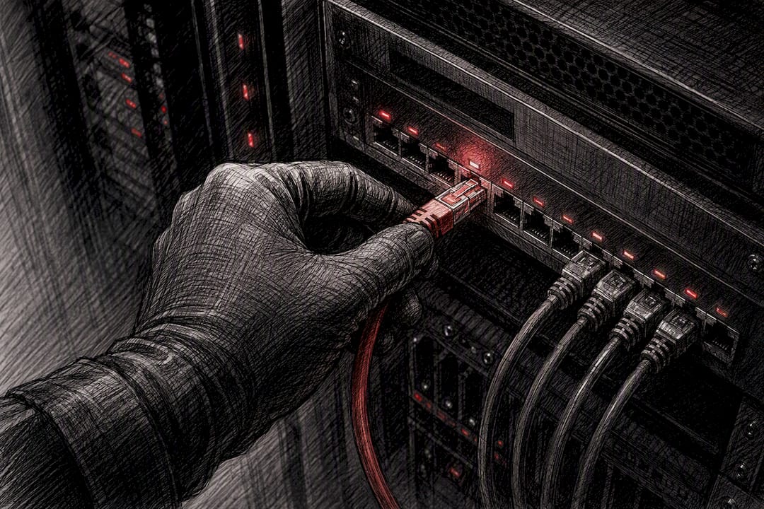 Hand connecting patchcord on network switch