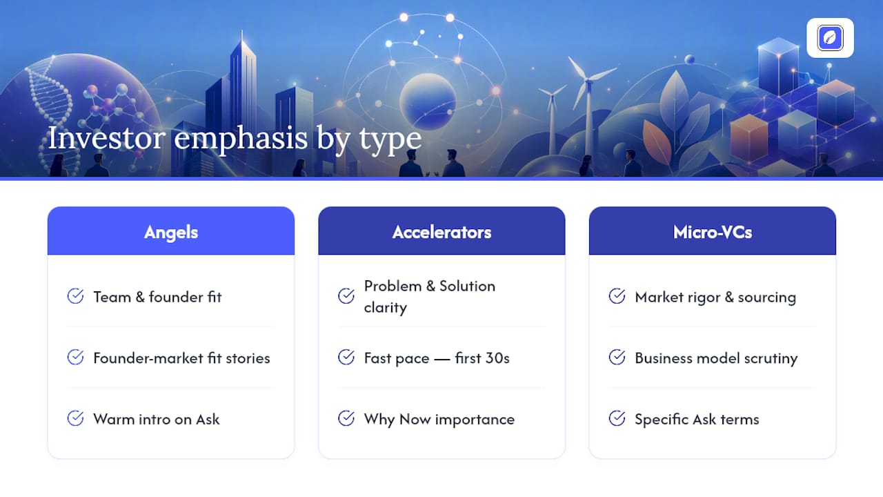 Investor types and pitch deck emphasis comparison