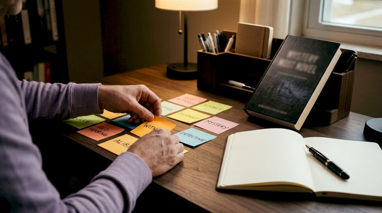 Hands arranging mystery theme keywords on sticky notes