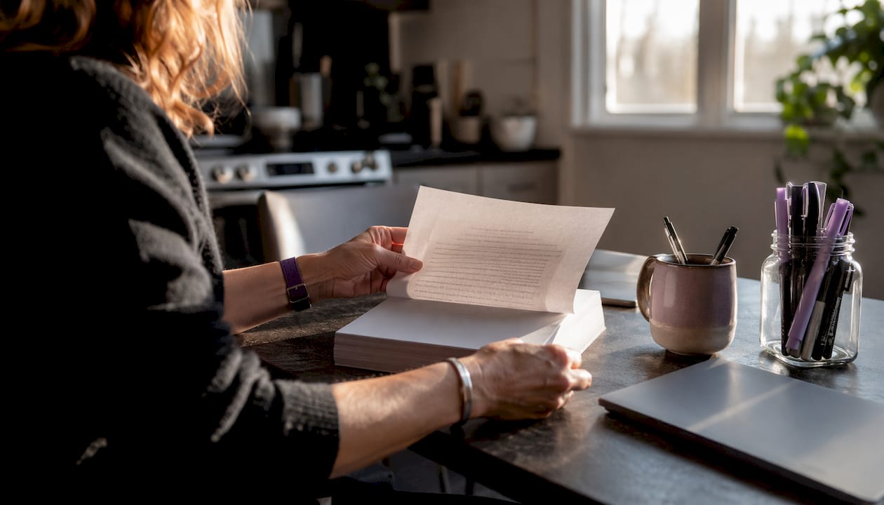 Hands reviewing printed AI novel draft pages