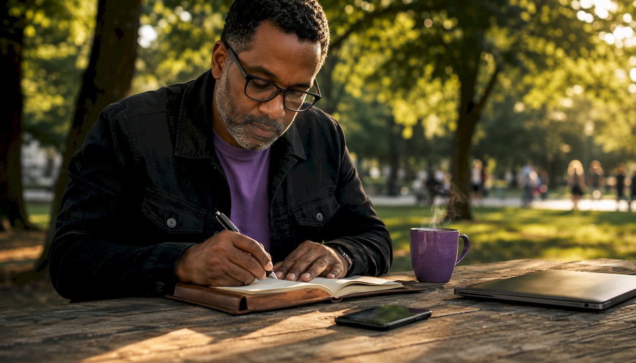 Writer drafting fiction with AI notes in café