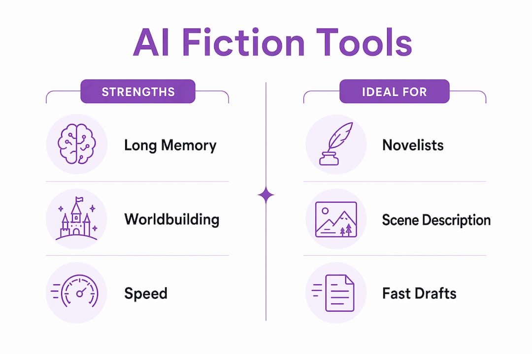 Infographic comparing AI fiction writing tool strengths and ideal users