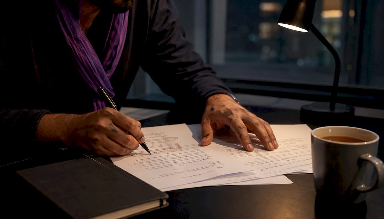 Writer’s hands editing manuscript pages