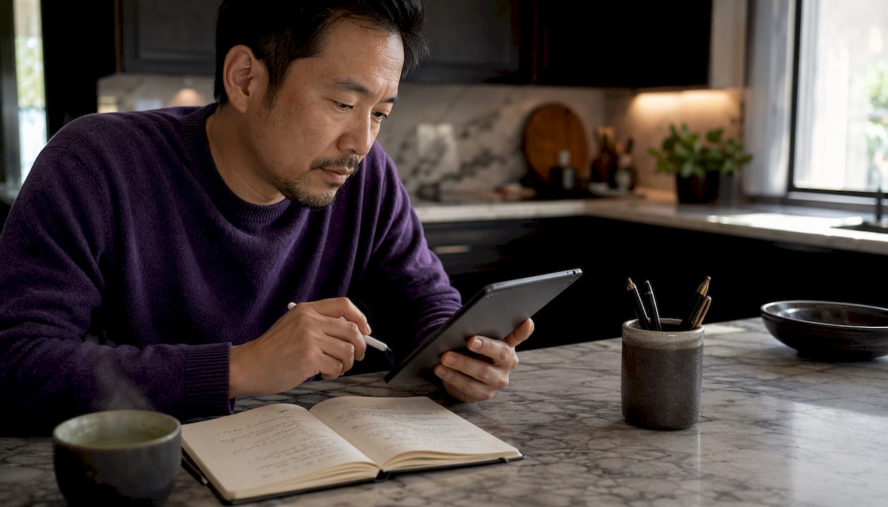 Man reviewing AI novel tools notes