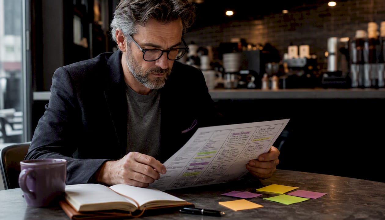 Man reading detailed character bio template in library