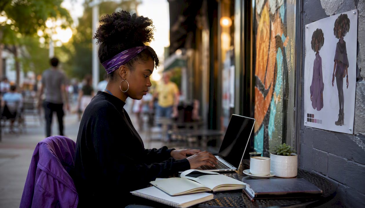 Woman using character profile while drafting in coffee shop