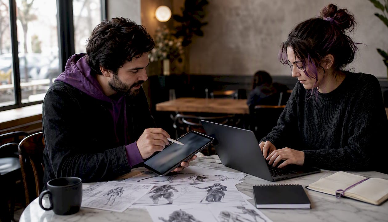 Two people collaborating on campaign manager tablet in library