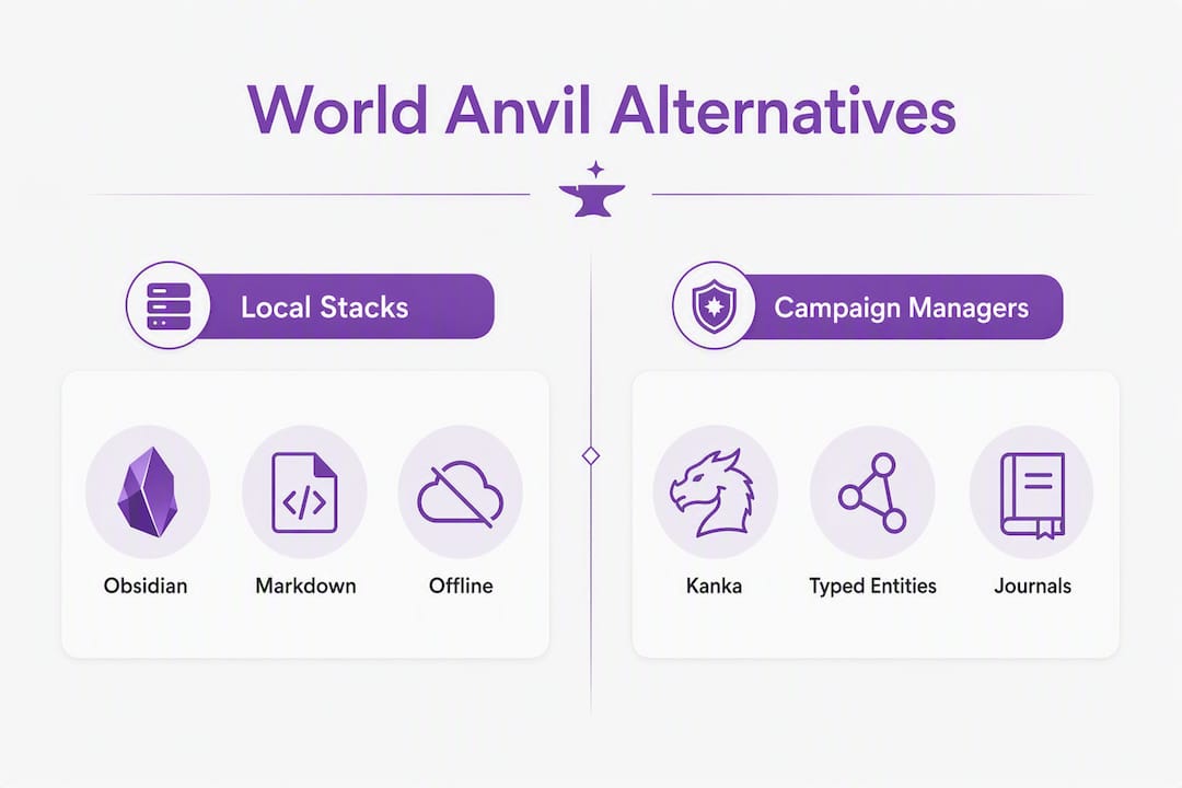 Comparison infographic of World Anvil alternatives by category