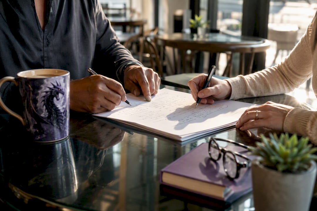 Hands editing manuscript pages