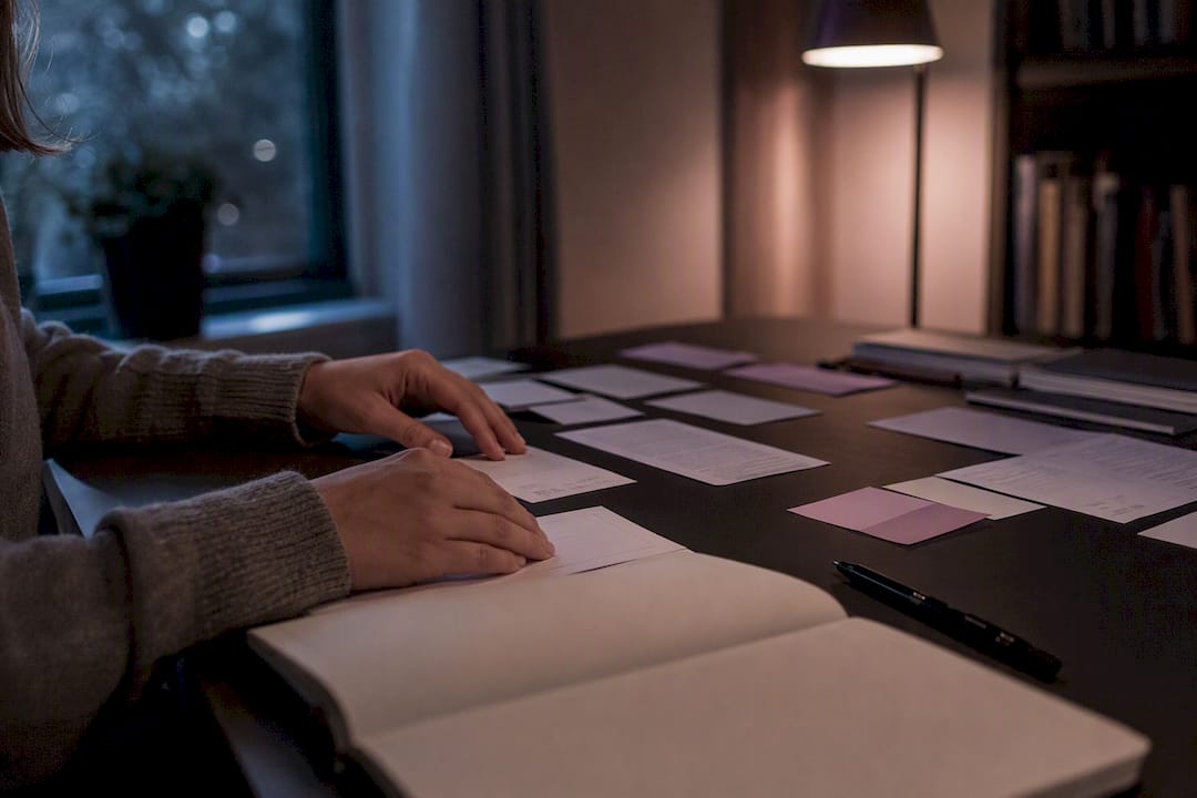 Writer arranging character voice and dialogue notes