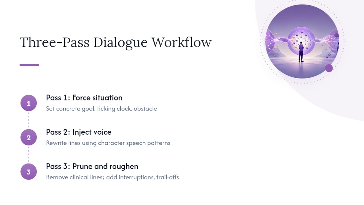 Diagram of three-pass workflow for AI dialogue writing