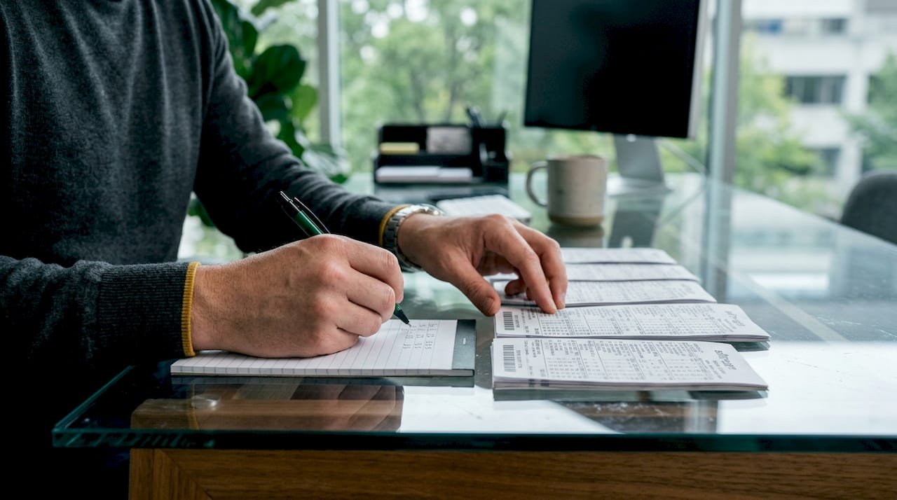 Close-up of hands tallying sports betting slips