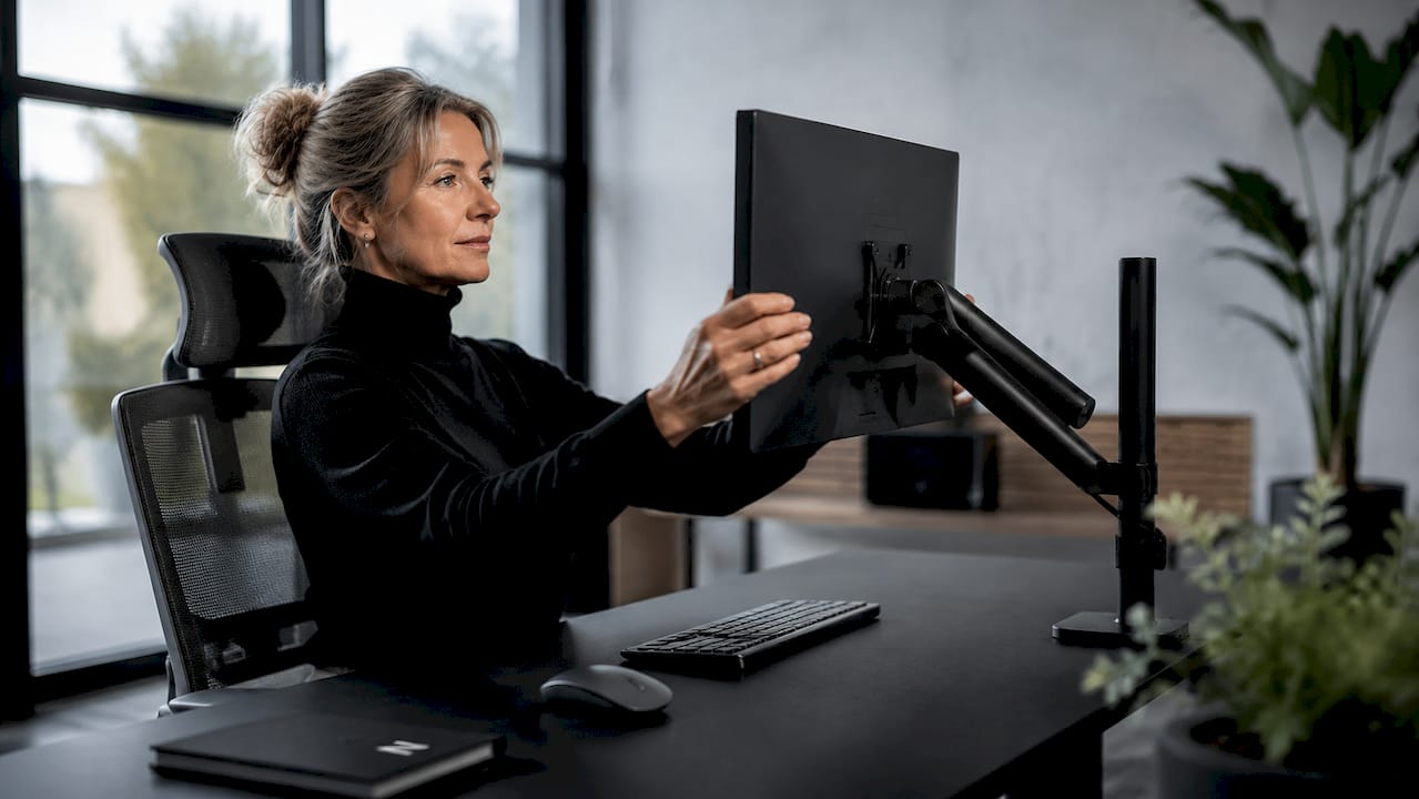 Eine Frau gestaltet ihren Arbeitsplatz ergonomisch und sorgt für eine gesunde Arbeitsumgebung.