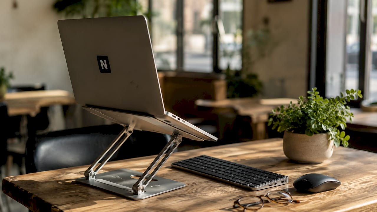 Ergonomischer Laptop-Ständer inklusive Tastatur und Maus – für komfortables und gesundes Arbeiten am Schreibtisch.