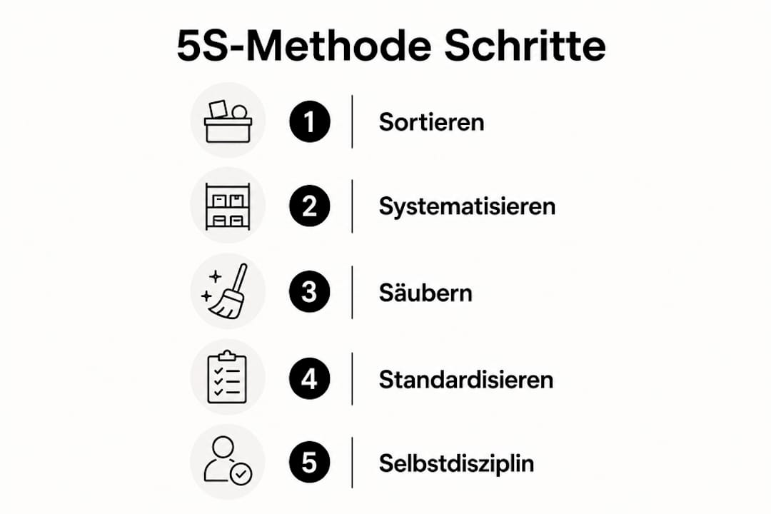 Übersichtsgrafik: Die 5 Schritte der 5S-Methode auf einen Blick