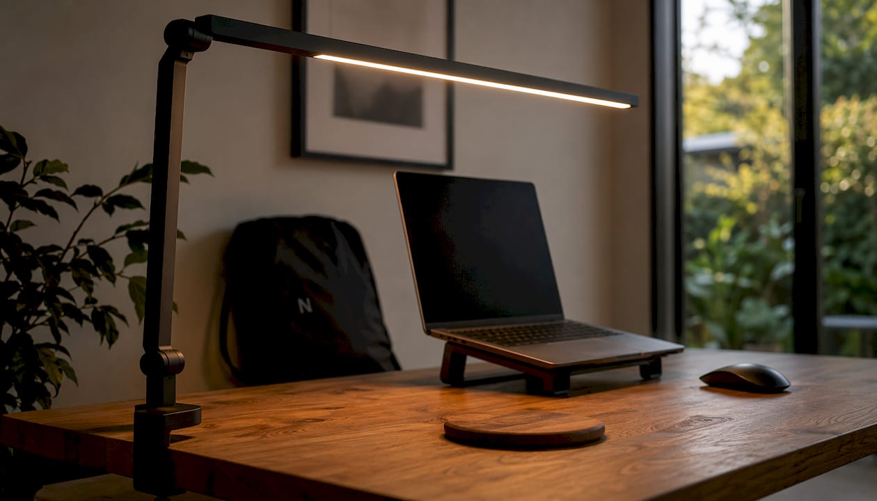 Mit einer LED-Monitorleuchte wird der Schreibtisch gleichmäßig und blendfrei ausgeleuchtet.