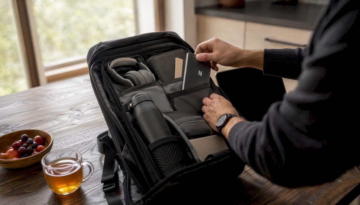 En gros plan, des mains organisent soigneusement divers accessoires de sac.