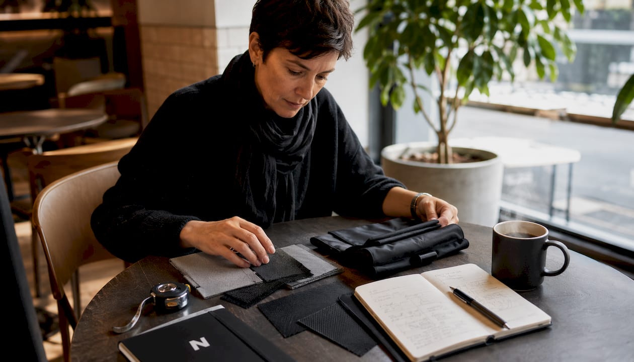 Eine Frau begutachtet verschiedene Materialien, um den passenden Stoff für einen Auto-Organizer auszuwählen.