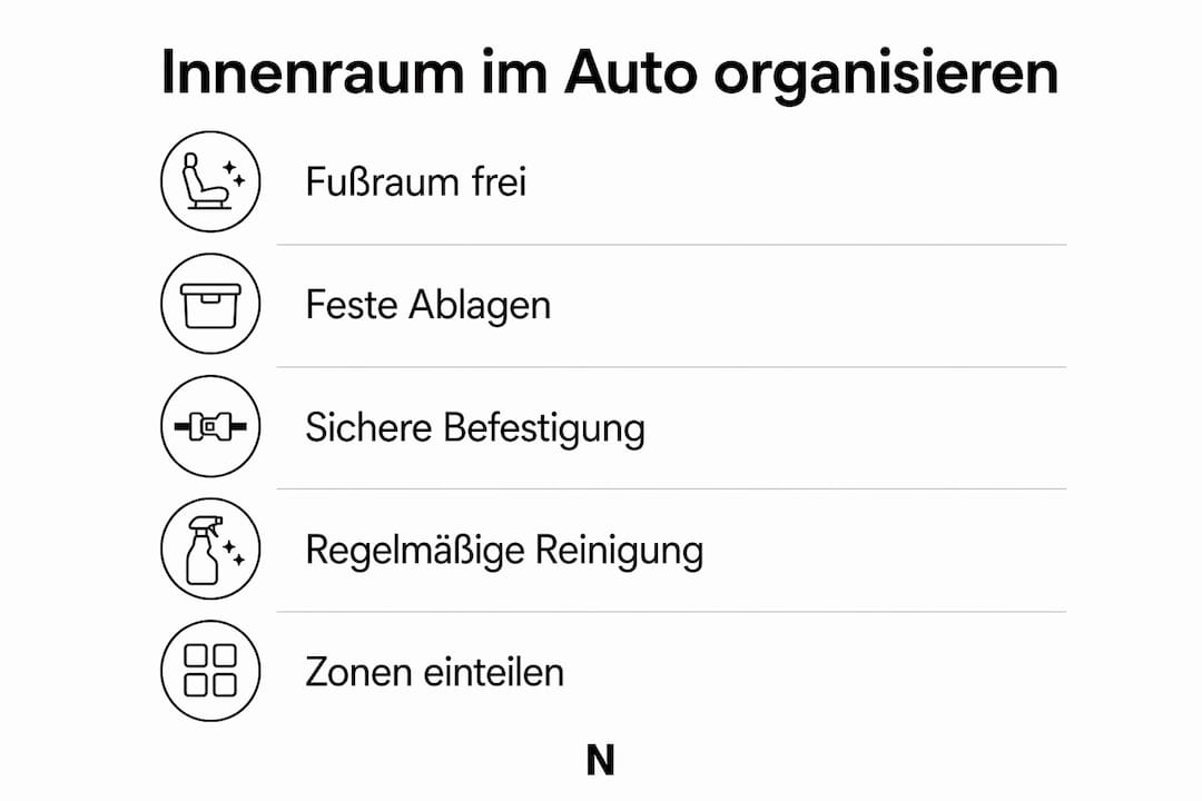So bringst du in fünf einfachen Schritten Ordnung in deinen Auto-Innenraum – übersichtlich dargestellt in einer Infografik.