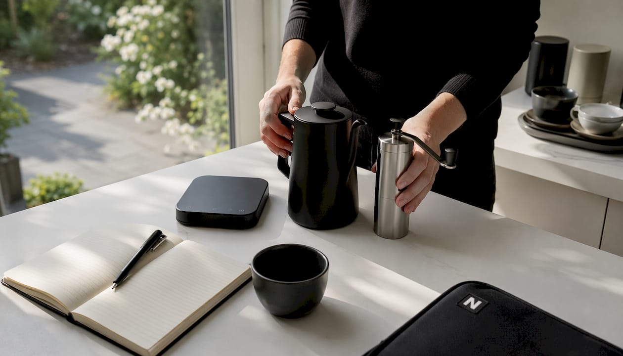 Quelqu'un emballe un coffret cadeau d'accessoires de café sur un bureau.