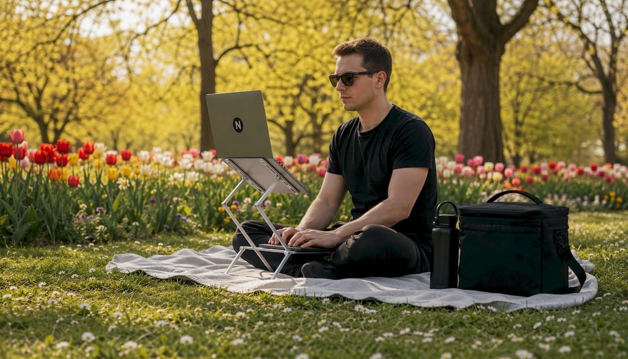 Un homme travaille dans un parc sur son ordinateur portable, qu'il a posé sur un support mobile.